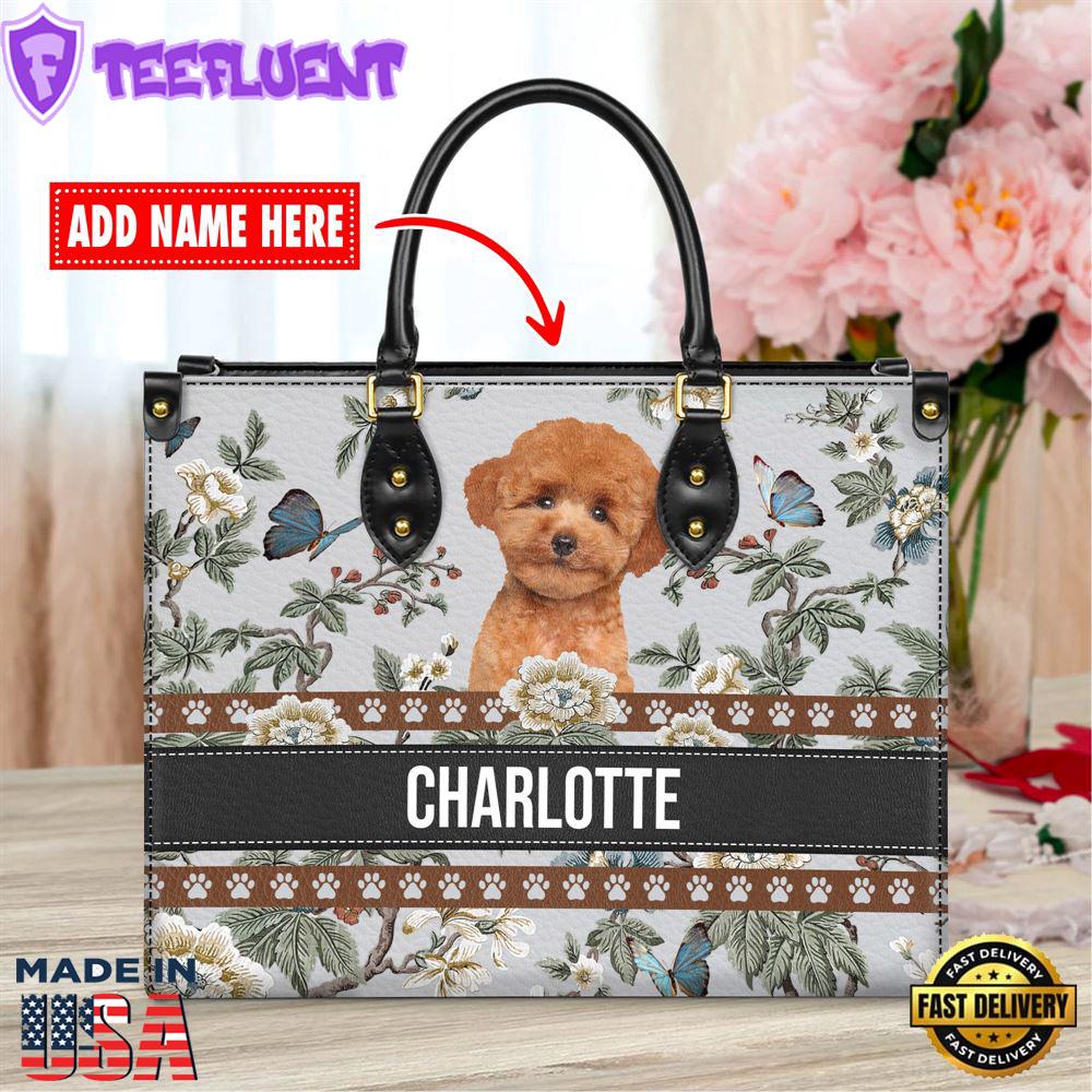 Poodle Dog Bior Leather Handbag With Flowers And Butterfly