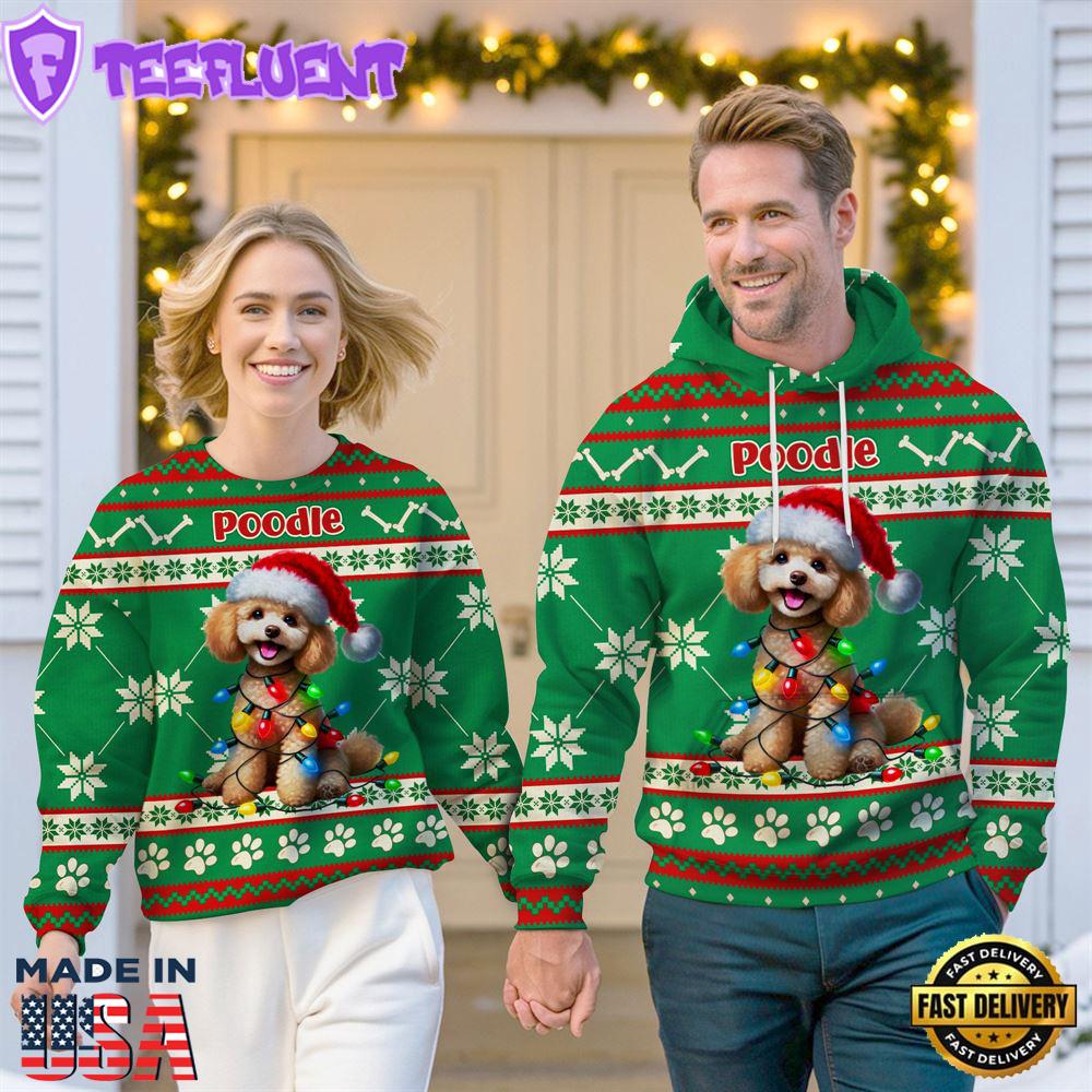 Poodle Dog Cheer with Santa Hat Christmas Sweatshirt And Hoodie Green