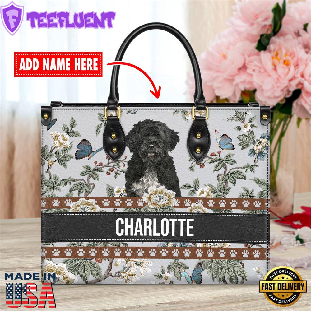 Portuguese Water Dog Bior Leather Handbag With Flowers And Butterfly
