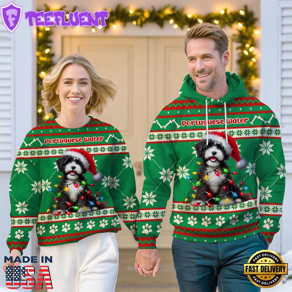 Portuguese Water Dog Cheer with Santa Hat Christmas Sweatshirt And Hoodie Green