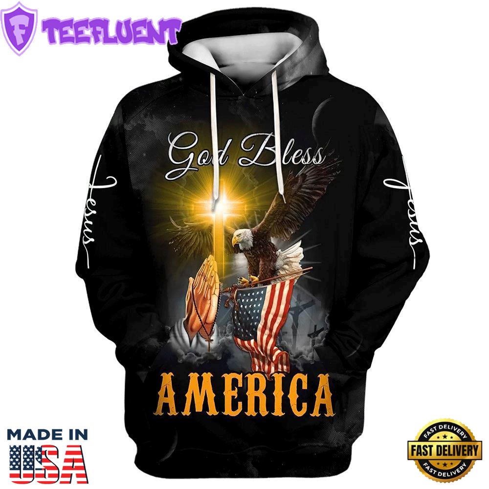 Praying Hand Eagle Us Flag Christ Cross God Bless America 3D Hoodies