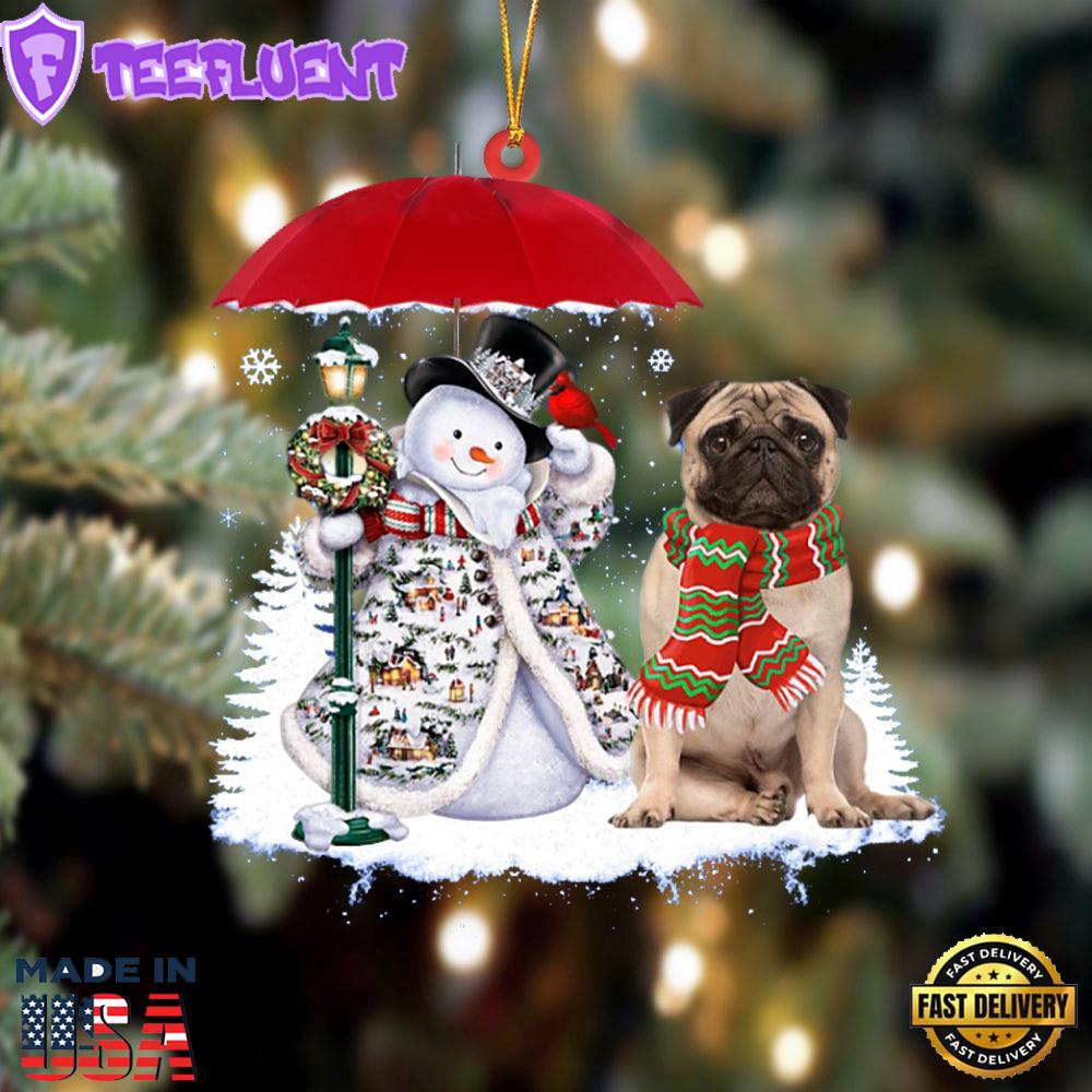 Pug 2 With Snowman Christmas Ornament, Gift For Christmas