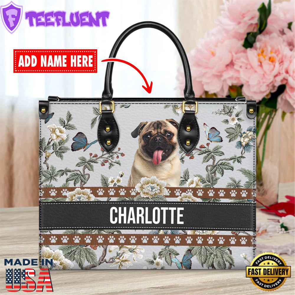 Pug Dog Bior Leather Handbag With Flowers And Butterfly