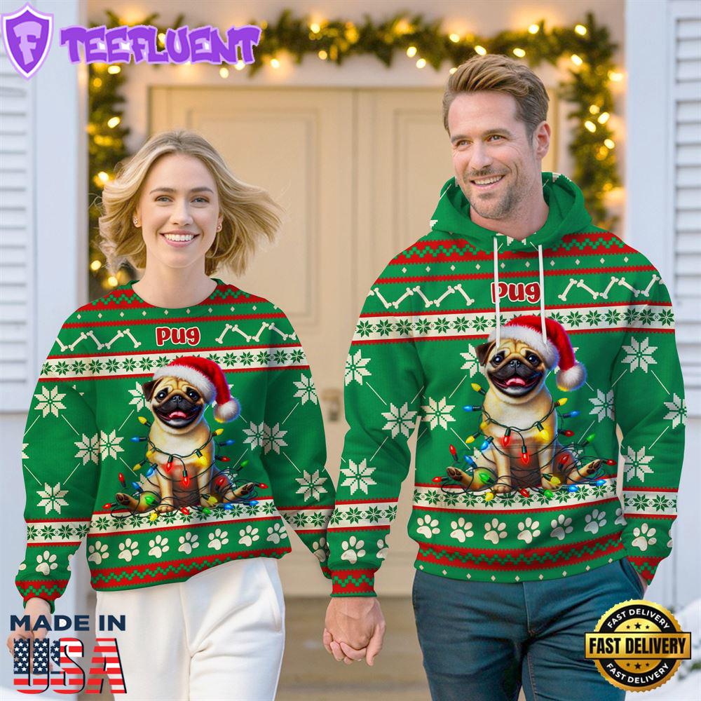 Pug Dog Cheer with Santa Hat Christmas Sweatshirt And Hoodie Green