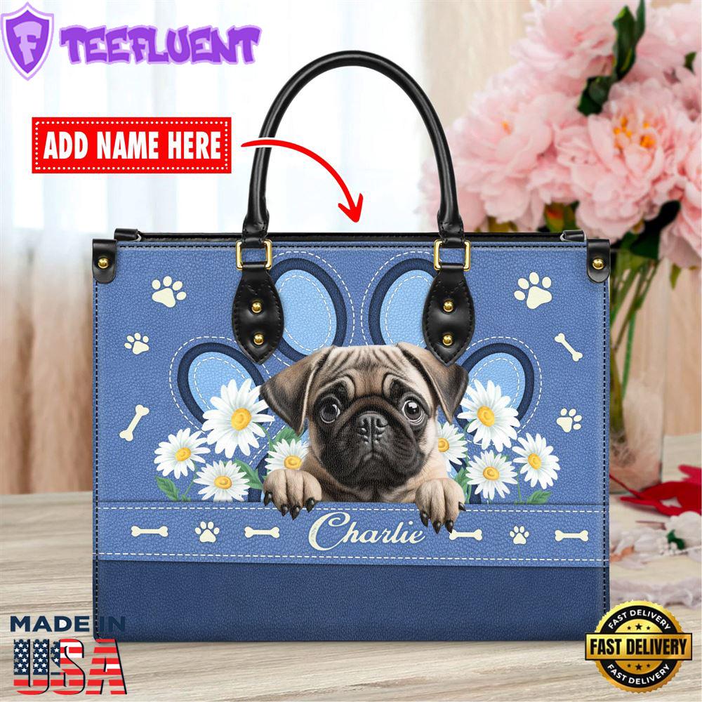 Pug Dog Lover Leather Bag With Daisy Flowers