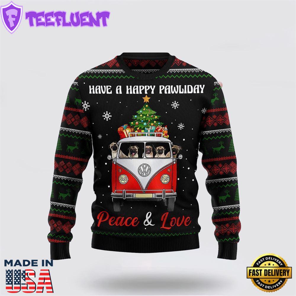 Pug Dogs Carrying Gift Christmas On The Red Car Ugly Christmas Sweater For Men And Women
