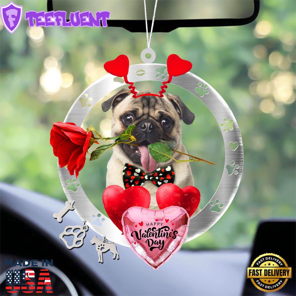 Pug With Rose & Heart Balloon Ornament, Gift For Christmas
