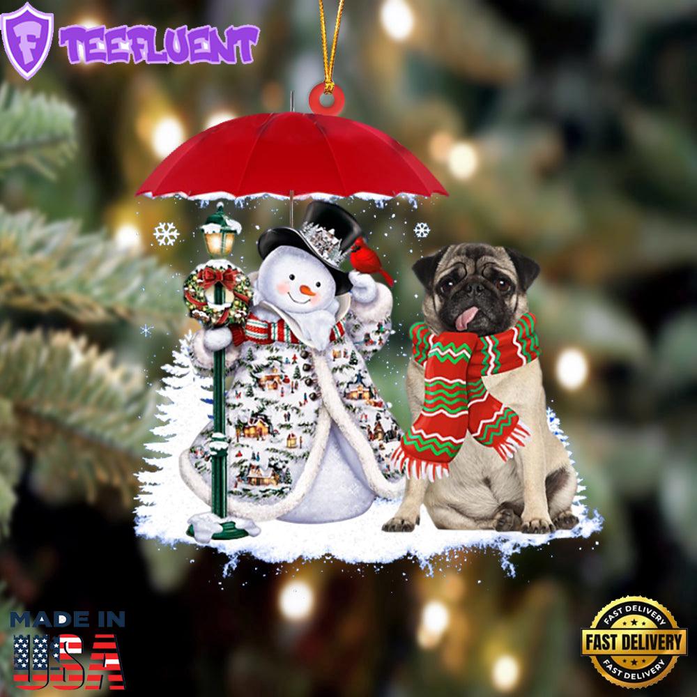 Pug With Snowman Christmas Ornament, Gift For Christmas