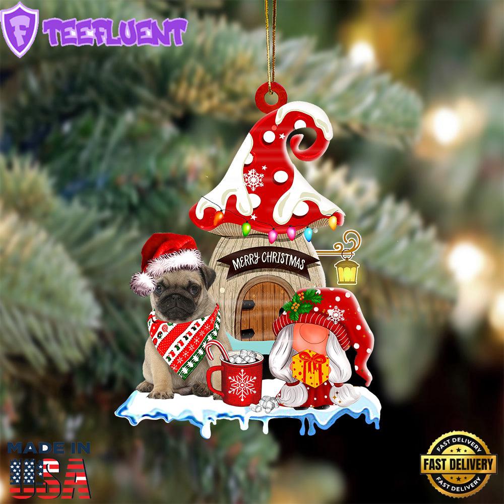 Pug-2 With Mushroom House Christmas Ornament, Gift For Christmas