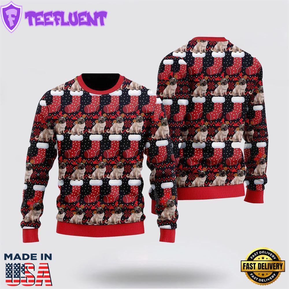 Puppy Dog With Red Xmas Socks Pattern Ugly Christmas Sweater For Men And Women