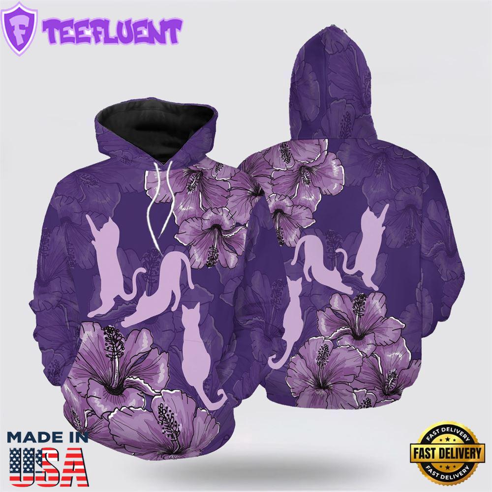 Purple Hibiscus Cat All Over Print 3D Hoodie For Men And Women