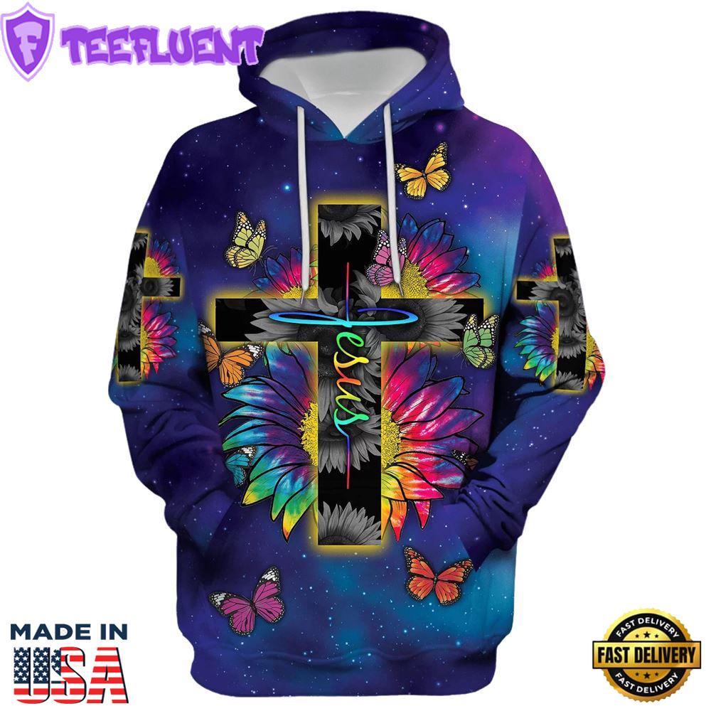 Rainbow Sunflower Butterfly Jesus Cross Hoodie For
