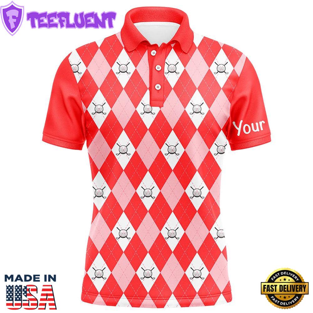 Red Argyle Plaid Pattern Mens Golf Polos Shirts Custom