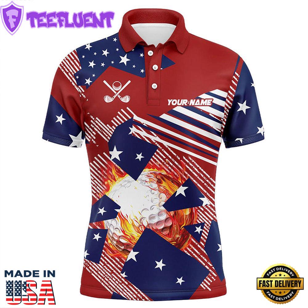 Red, White And Blue American Flag Flame Golf Ball Custom Mens Golf Polo Shirts