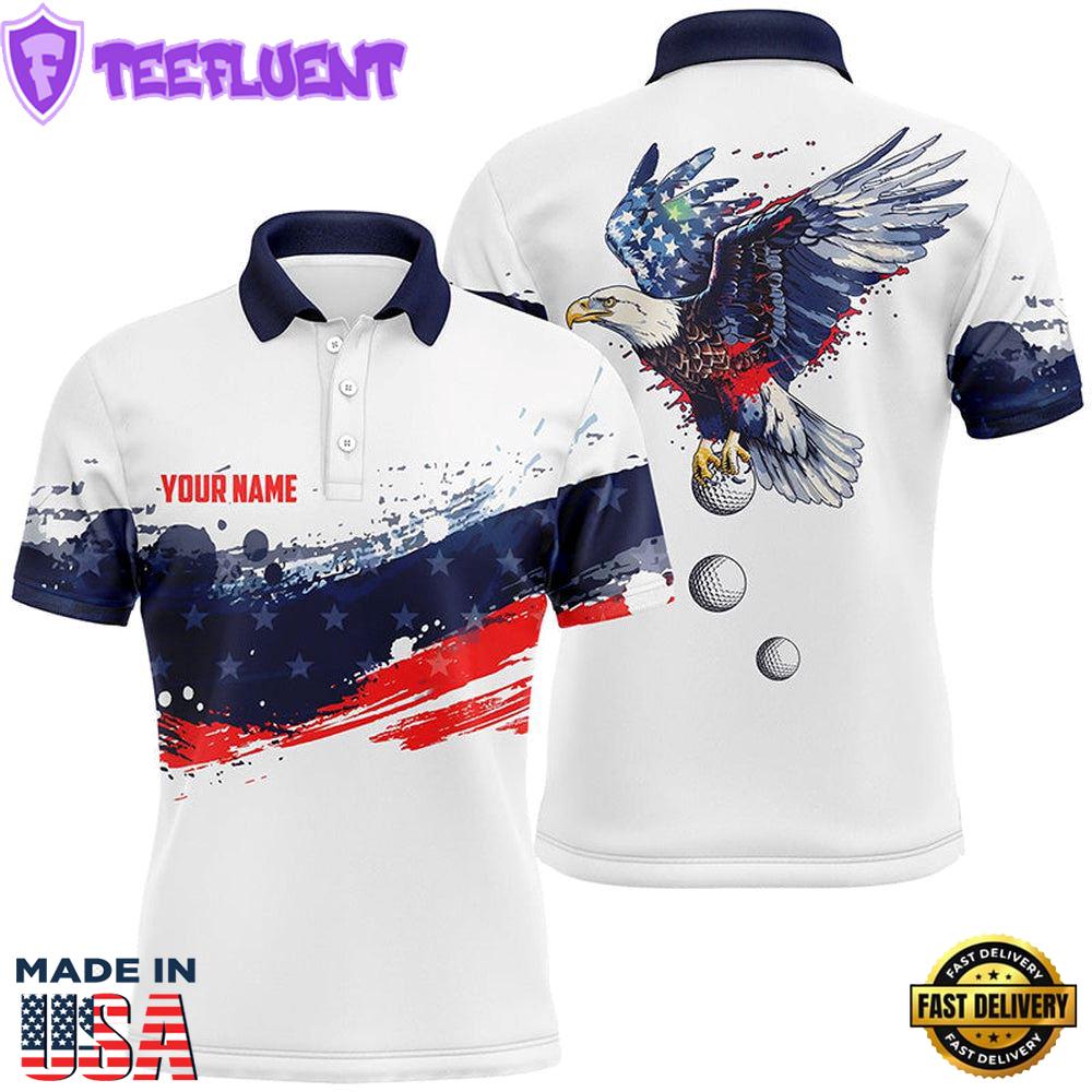 Red, White And Blue American Flag Mens Golf Polo Shirts Custom Eagle Golf Ball Team Mens Golf Tops