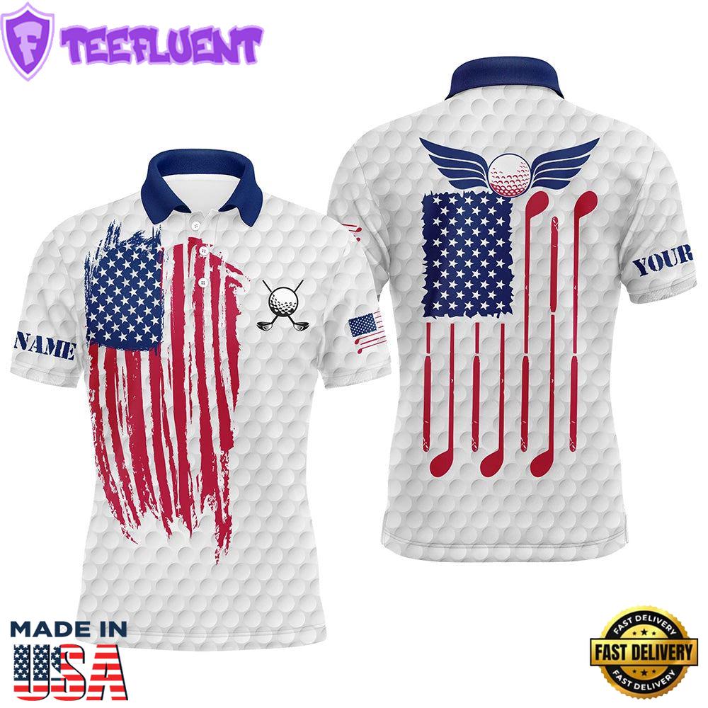 Red, White And Blue Mens Golf Polo Shirts Custom Golf Clubs American Flag Patriotic Mens Golf Tops