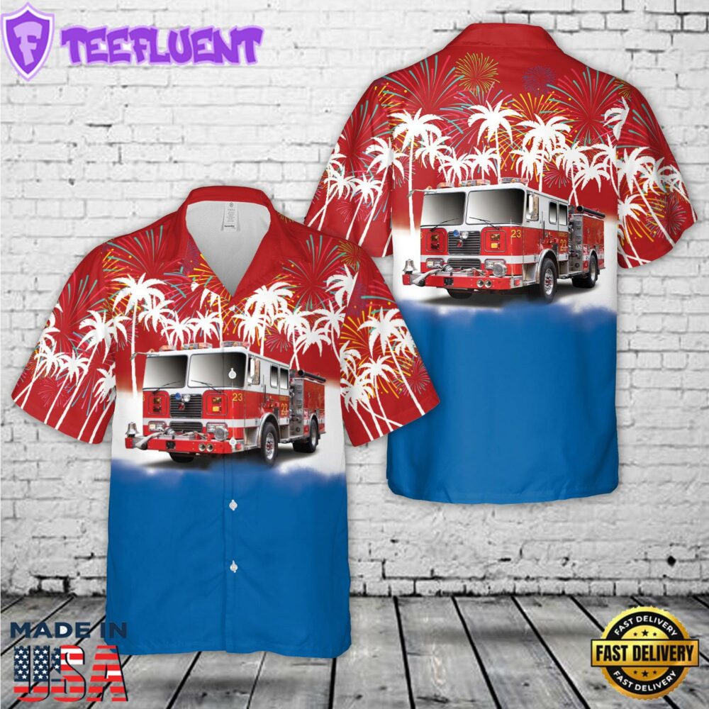 Red White & Blue Fire Trucks, 4th Of July Hawaiian Shirt