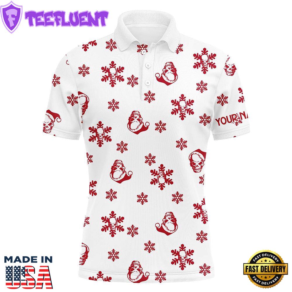 Red White Mens Golf Polo Shirt Custom Skull Snow Christmas Pattern