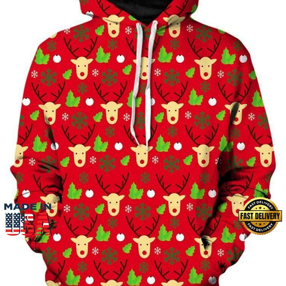 Reindeer Turn Up Red Christmas Hoodie All Over Print