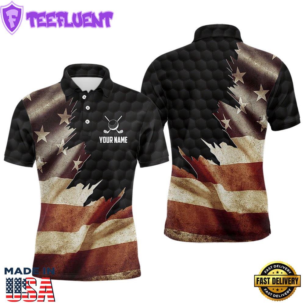 Retro American Flag Mens Golf Polo Shirts Custom Patriotic