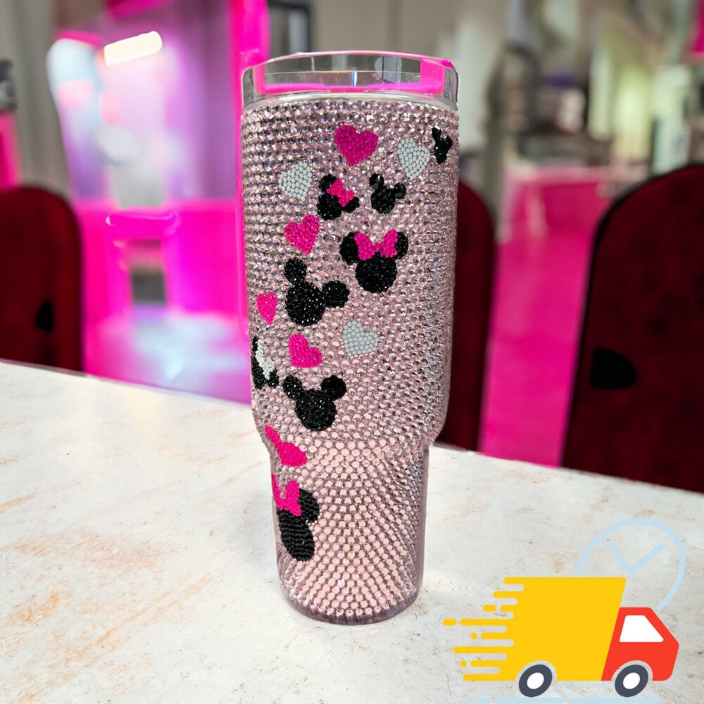 Rhinestone Bling Mickey And Minnie Mouse Cartoon Custom Stanley Quencher 40oz Stainless Steel Tumbler With Handle