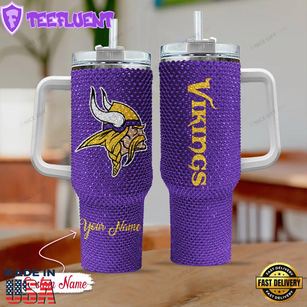Rhinestone Bling Minnesota Vikings NFL Sports Custom Stanley Quencher 40oz Stainless Steel Tumbler With Handle