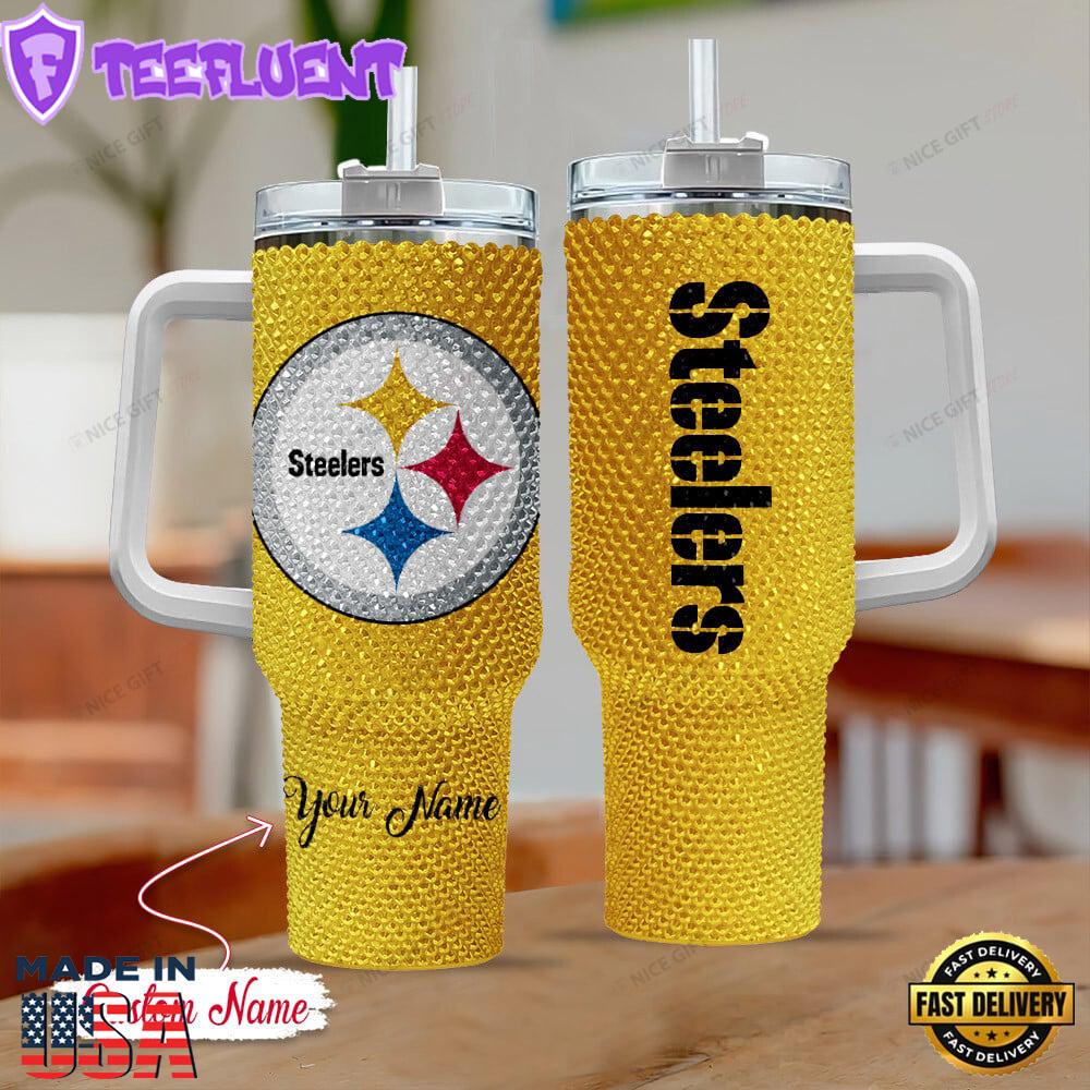 Rhinestone Bling Pittsburgh Steelers NFL Sports Custom Stanley Quencher 40oz Stainless Steel Tumbler With Handle