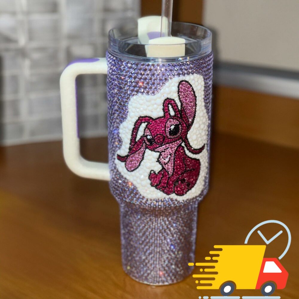 Rhinestone Bling Stitch Angel Cartoon Custom Stanley Quencher 40oz Stainless Steel Tumbler With Handle
