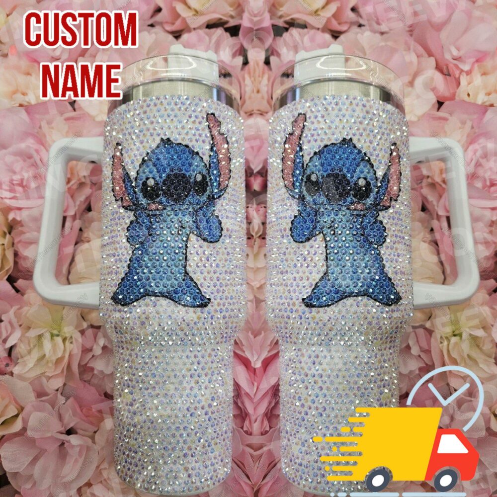 Rhinestone Bling Stitch Cartoon Custom Stanley Quencher 40oz Stainless Steel Tumbler With Handle