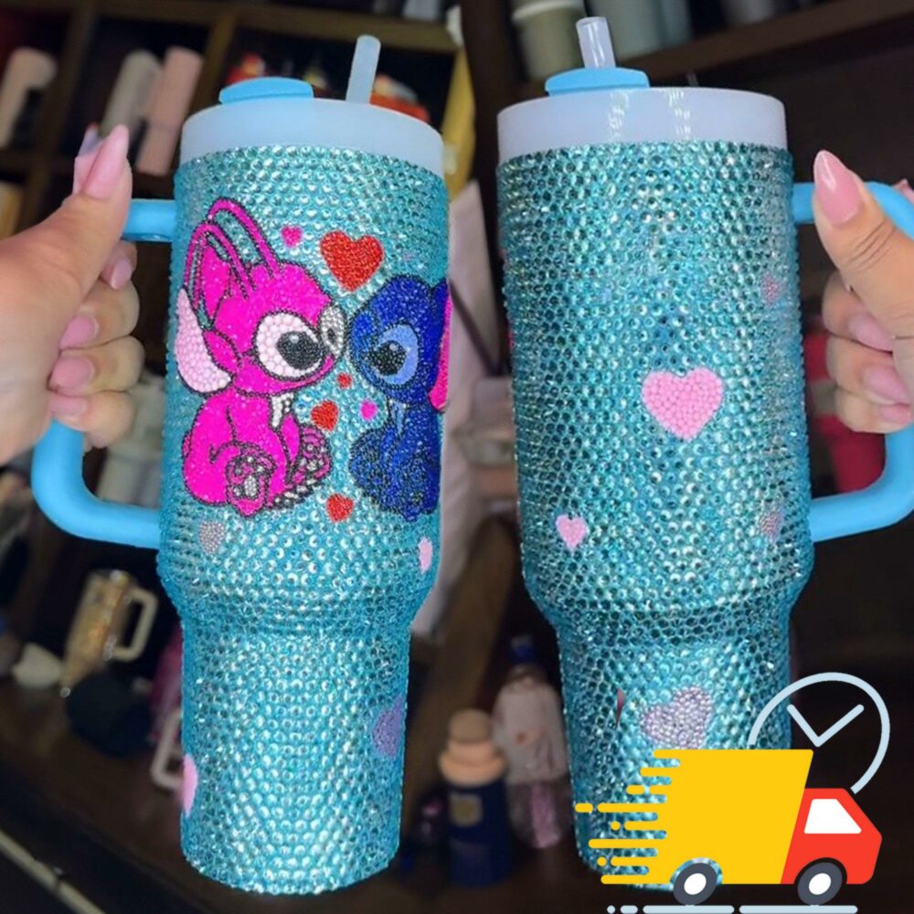Rhinestone Bling Stitch Couple Cartoon Custom Stanley Quencher 40oz Stainless Steel Tumbler With Handle