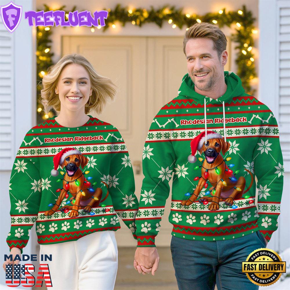 Rhodesian Ridgeback Dog Cheer with Santa Hat Christmas Sweatshirt And Hoodie Green