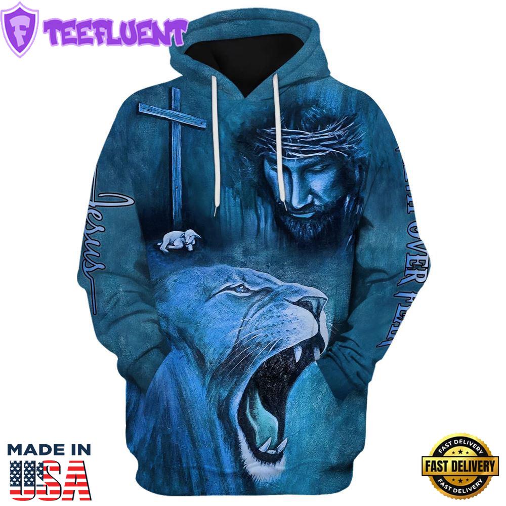 Roaring Blue Lion And Jesus, Faith Over Fear Hoodie For