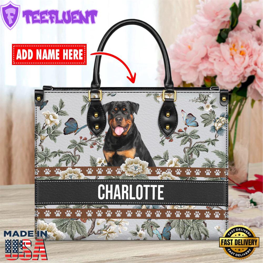 Rottweiler Dog Bior Leather Handbag With Flowers And Butterfly