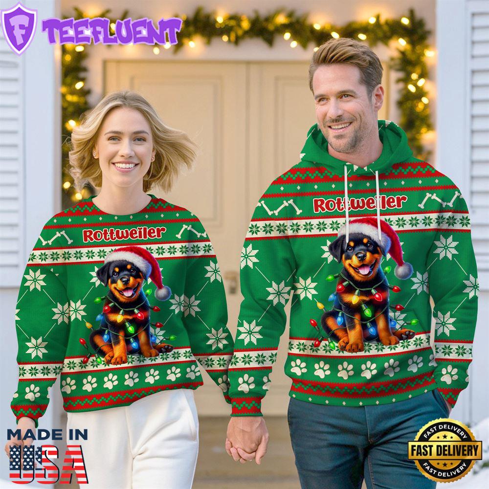 Rottweiler Dog Cheer with Santa Hat Christmas Sweatshirt And Hoodie Green