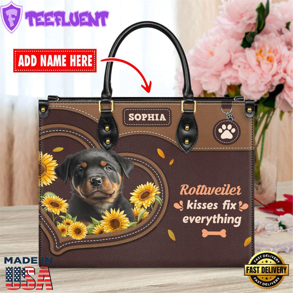 Rottweiler Dog Kisses Fix Everything Leather Handbag