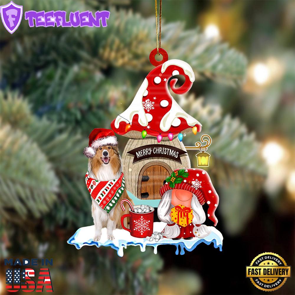 Rough-Collie With Mushroom House Christmas Ornament, Gift For Christmas