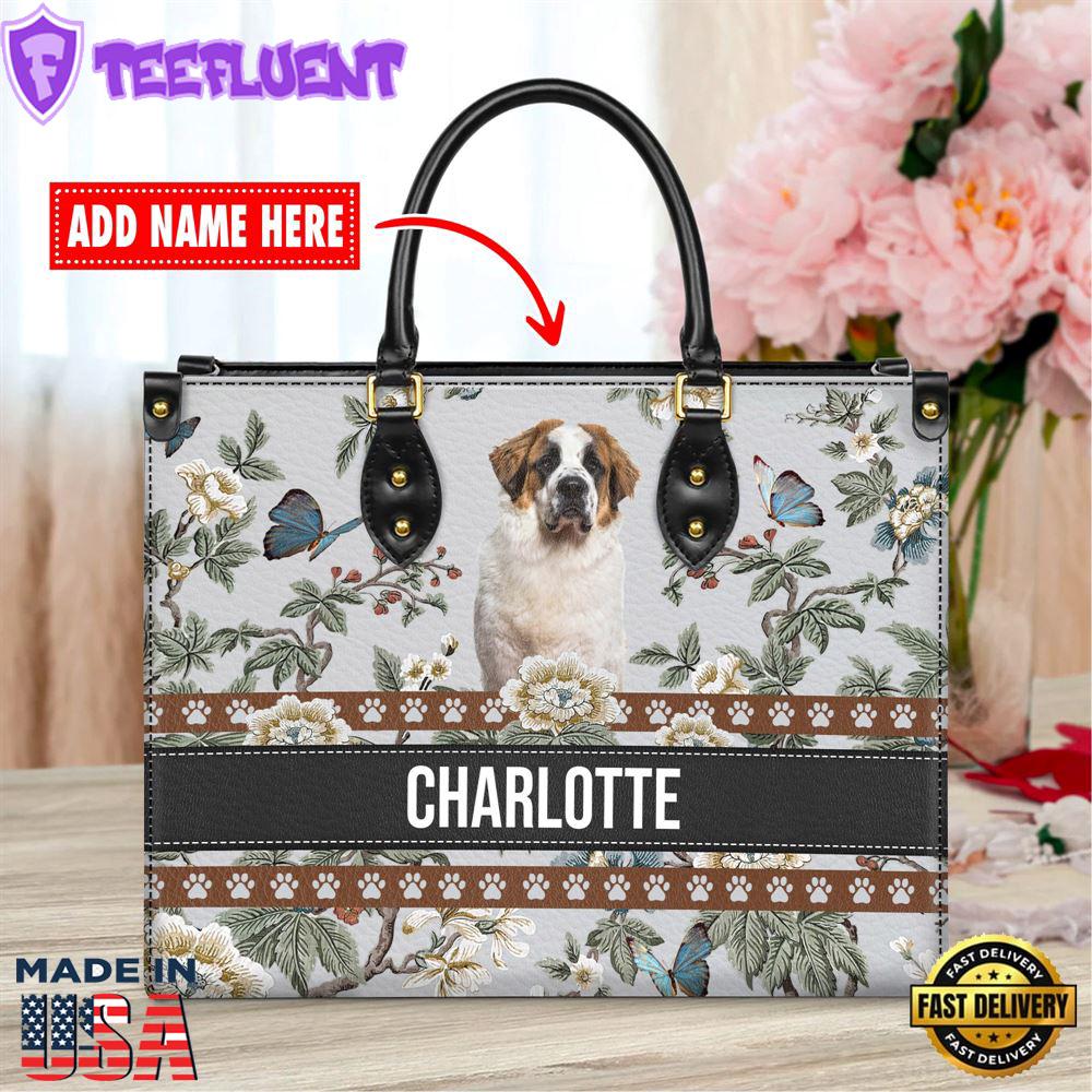 Saint Bernard Dog Bior Leather Handbag With Flowers And Butterfly