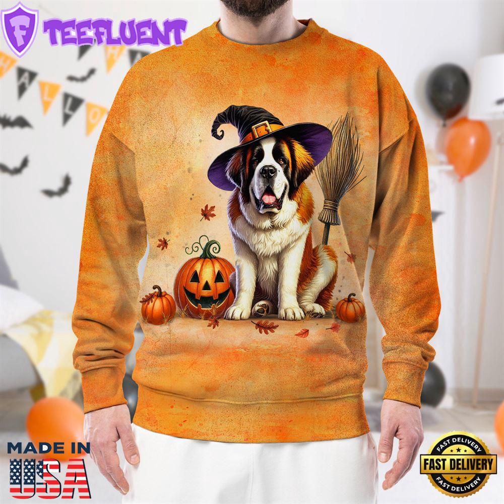 Saint Bernard Dog In Spooky Autumn Halloween 3D Shirt