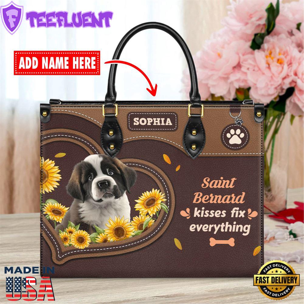 Saint Bernard Dog Kisses Fix Everything Leather Handbag