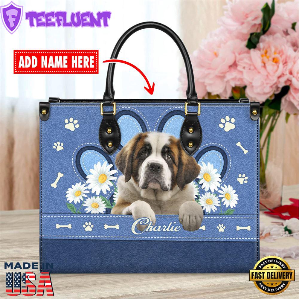 Saint Bernard Dog Lover Leather Bag With Daisy Flowers