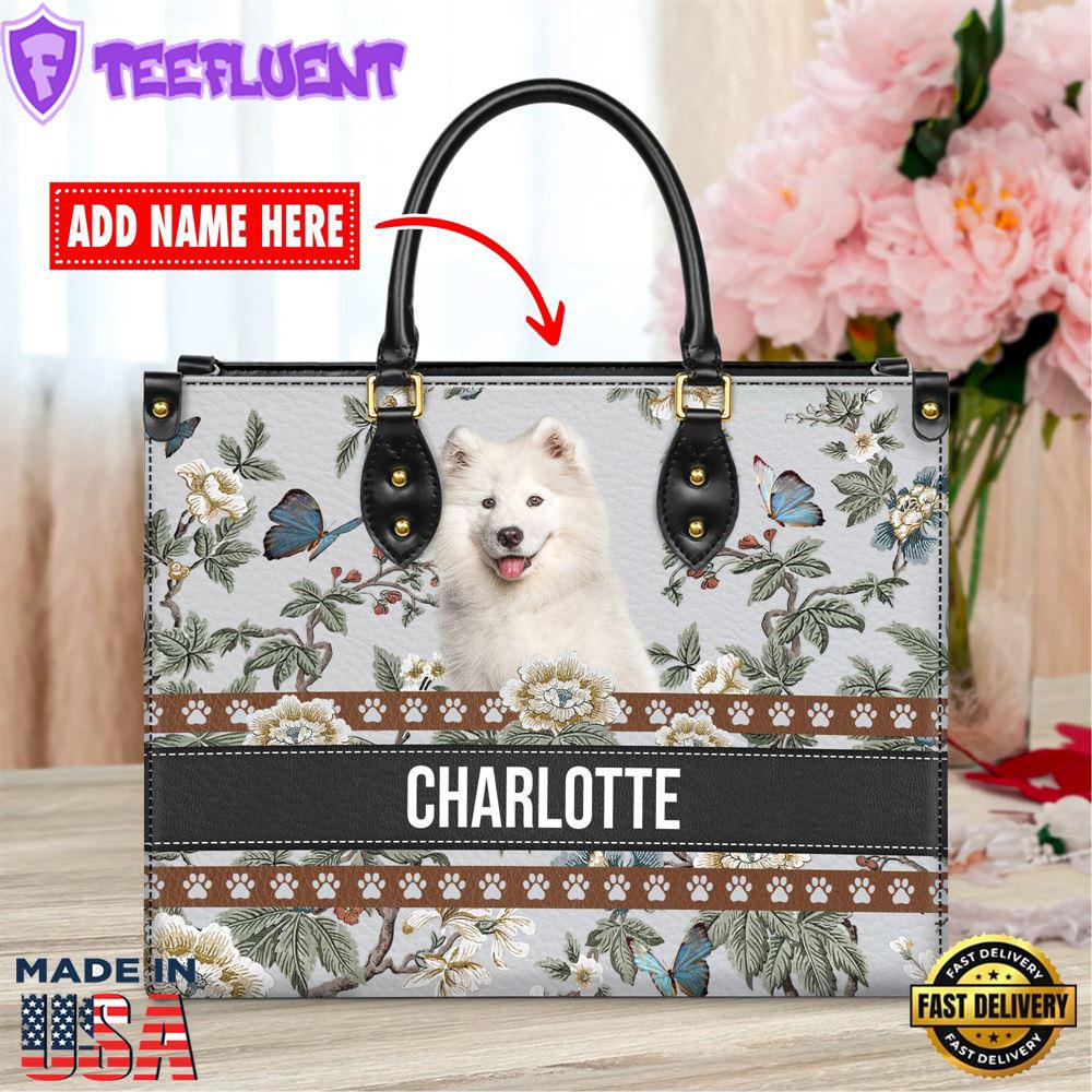 Samoyed Dog Bior Leather Handbag With Flowers And Butterfly