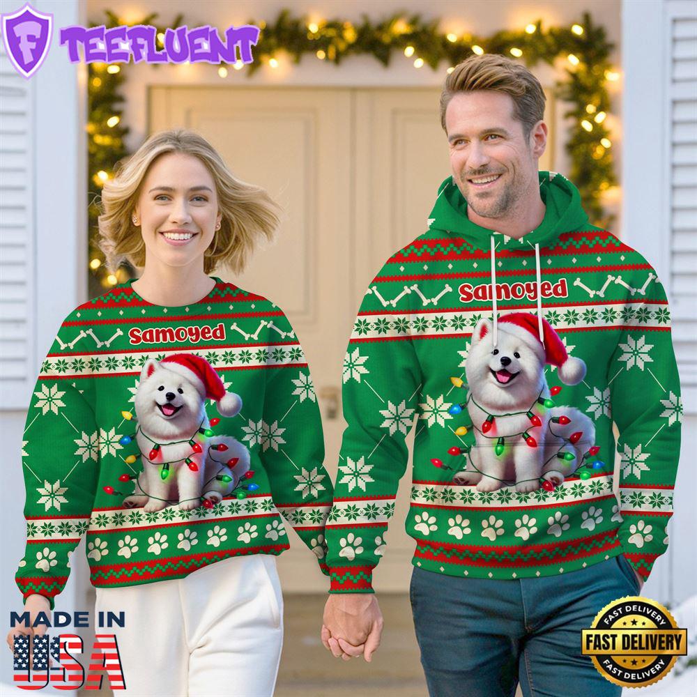 Samoyed Dog Cheer with Santa Hat Christmas Sweatshirt And Hoodie Green