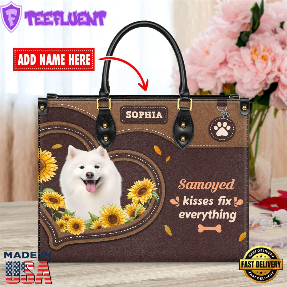 Samoyed Dog Kisses Fix Everything Leather Handbag