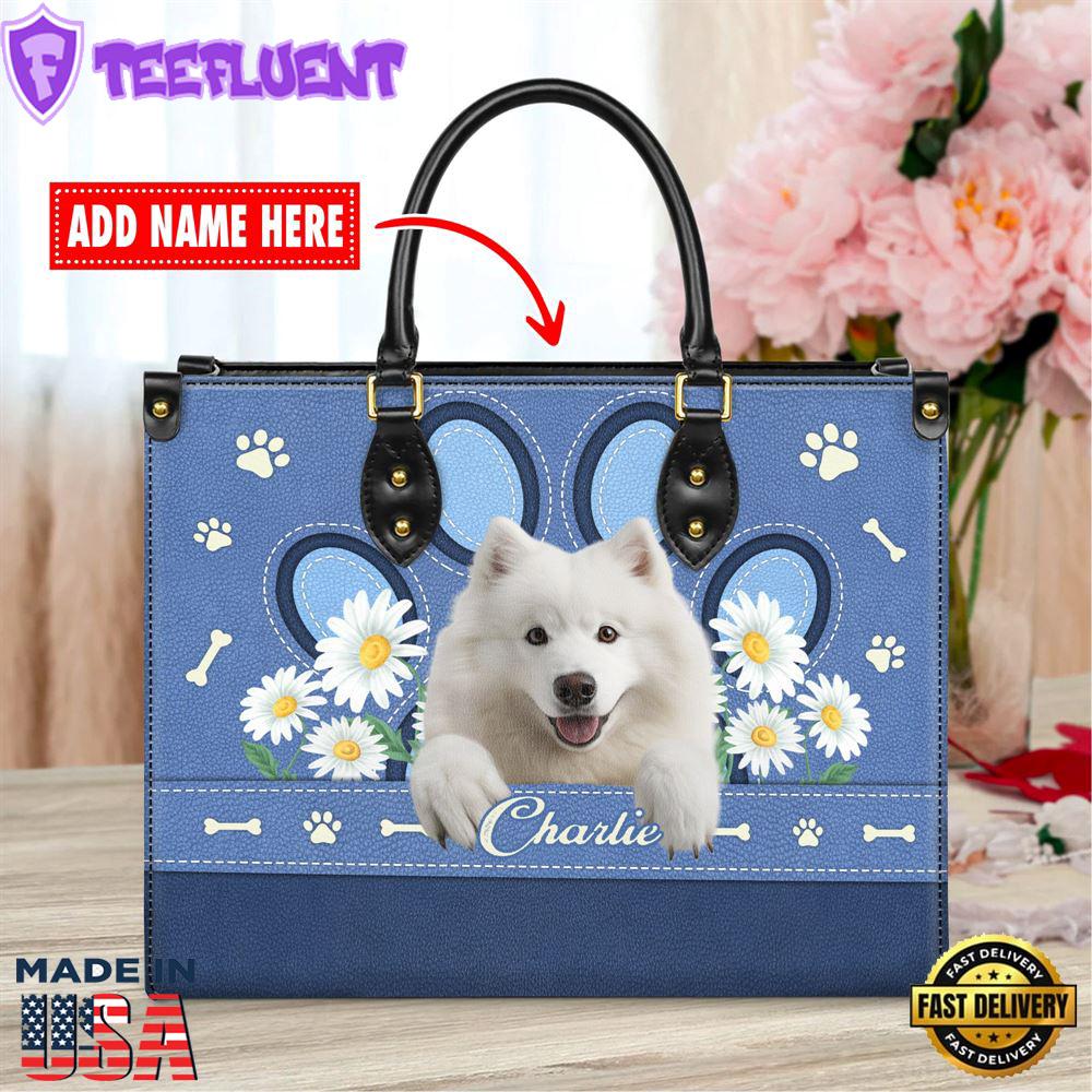 Samoyed Dog Lover Leather Bag With Daisy Flowers
