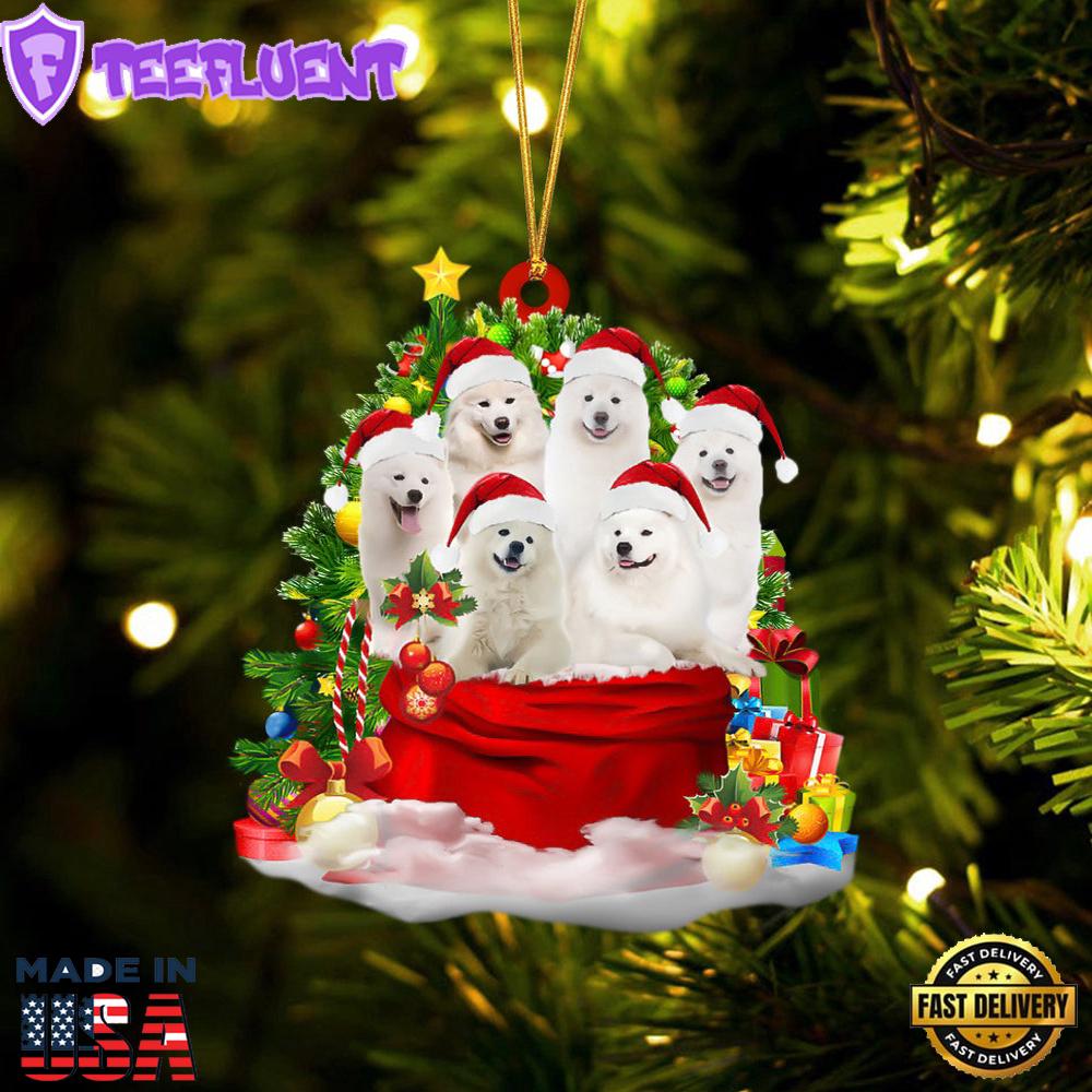 Samoyed Dogs In A Gift Bag Christmas Ornament, Gift For Christmas