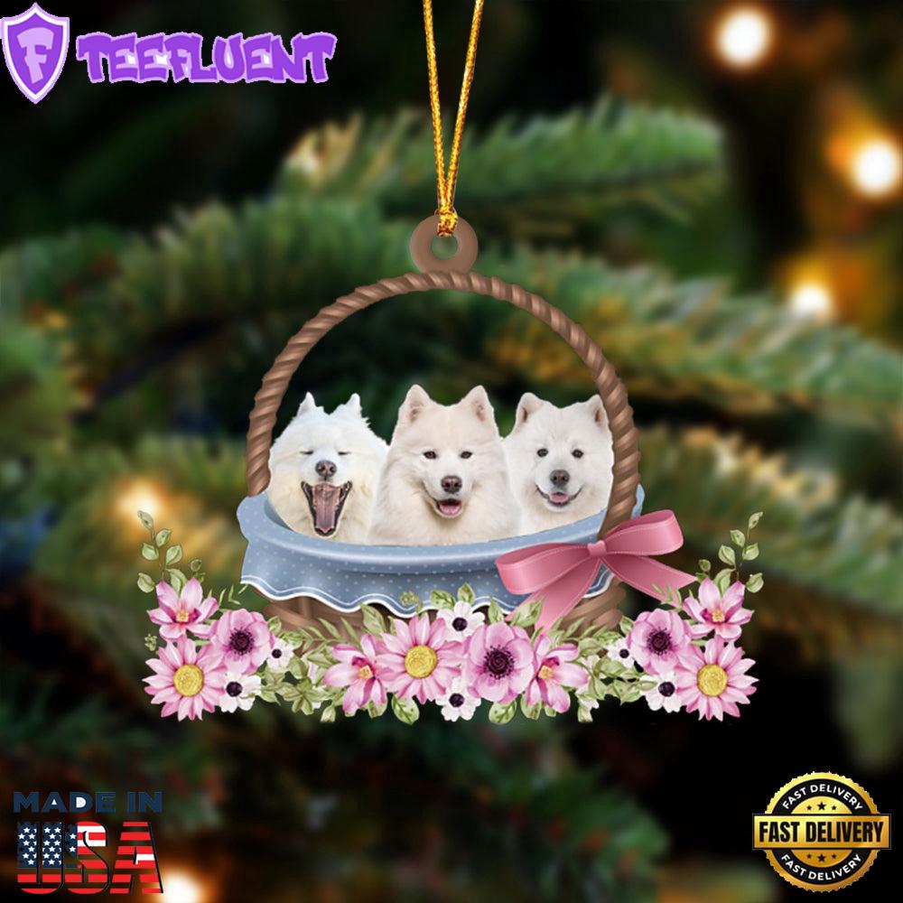 Samoyed Dogs In The Basket Ornament, Gift For Christmas