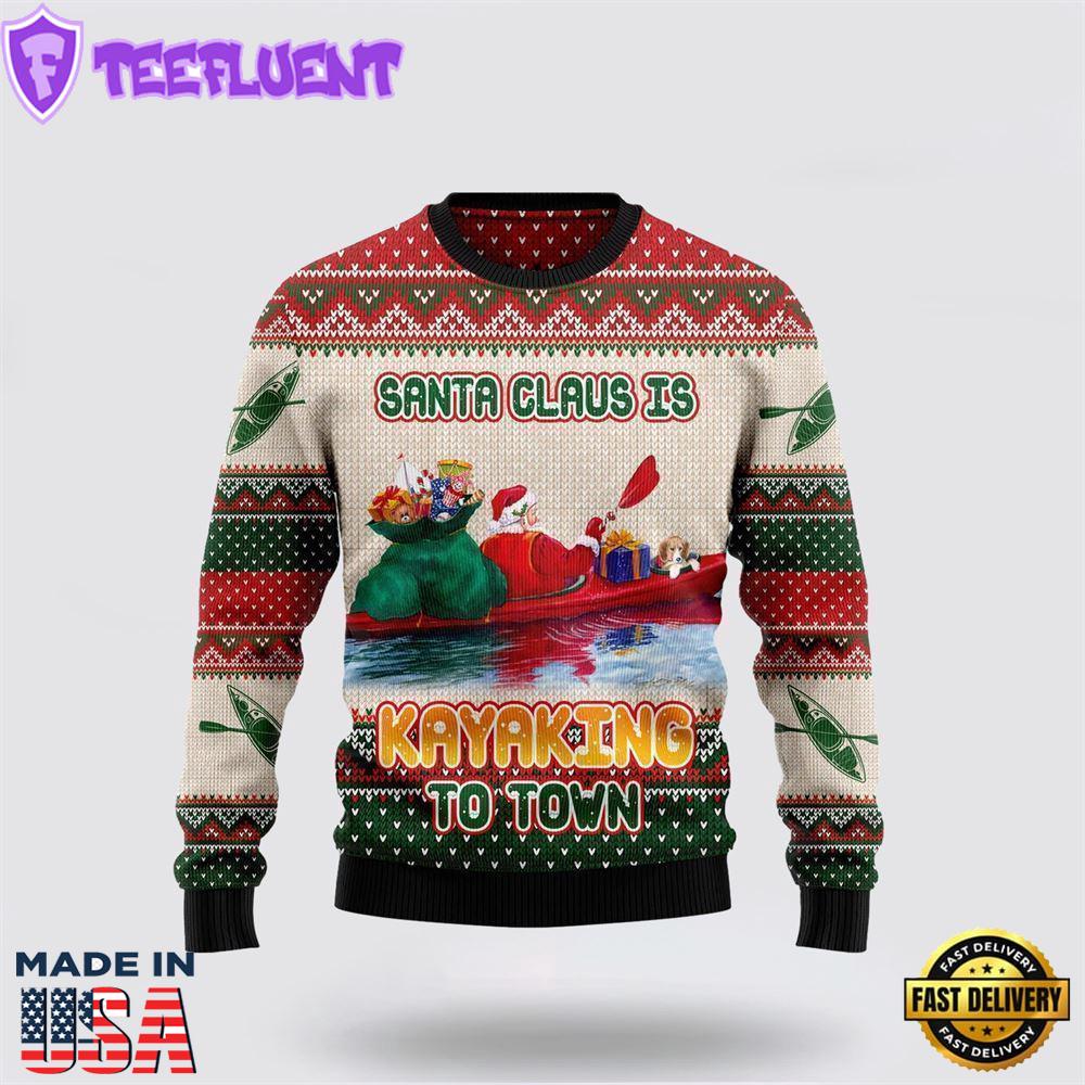 Santa Claus Is Kayaking To Town Ugly Christmas Sweater For Men And Women