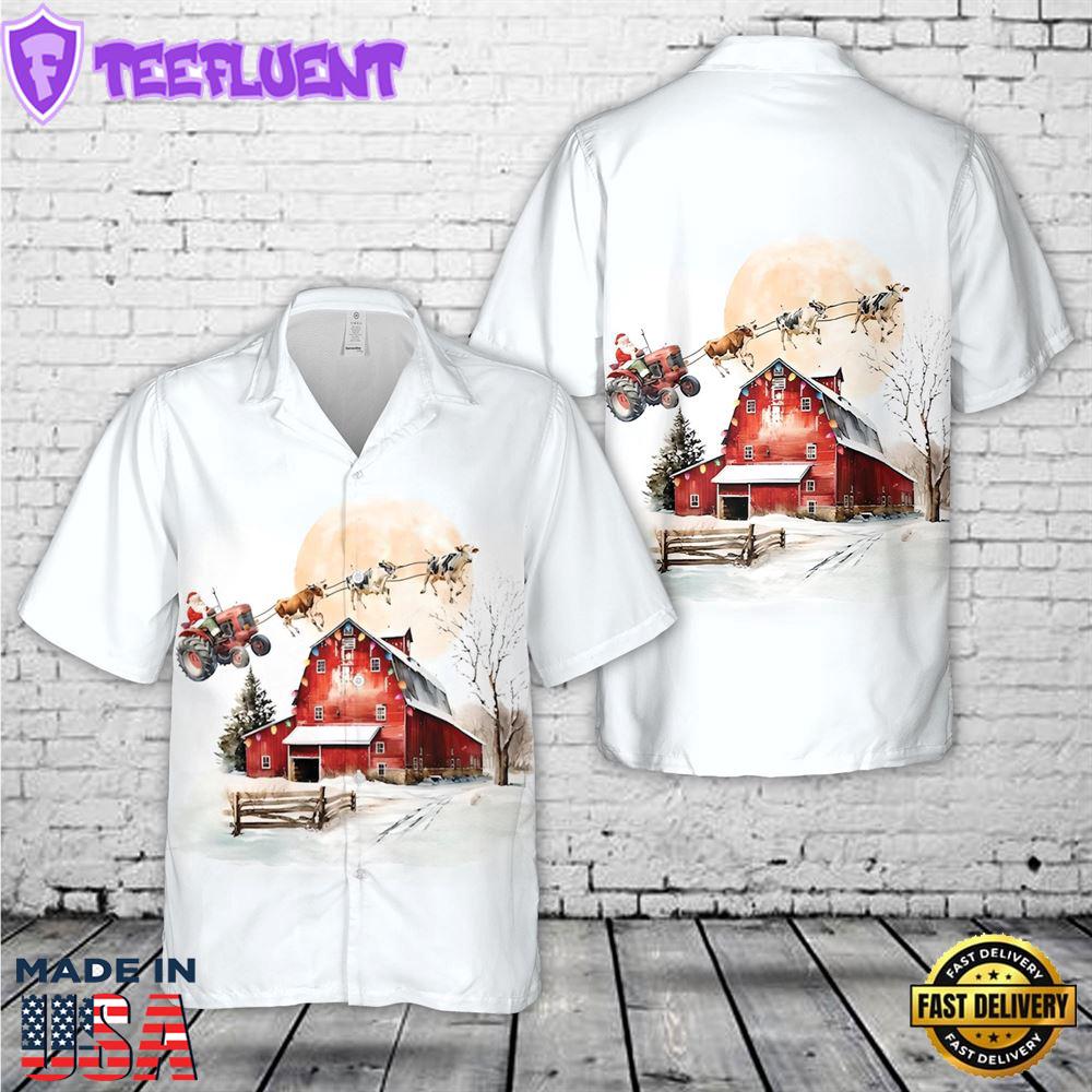 Santa Claus Tractor Sleigh with Cows Christmas Hawaiian Shirt