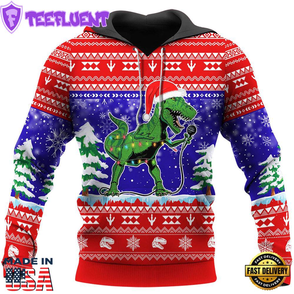 Santa Dinosaur Singing Christmas Hoodie All Over Print