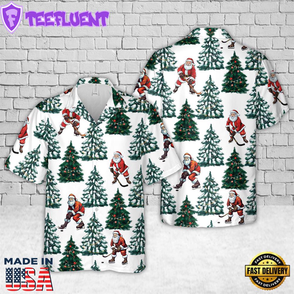 Santa Playing Ice Hockey Christmas Hawaiian Shirt